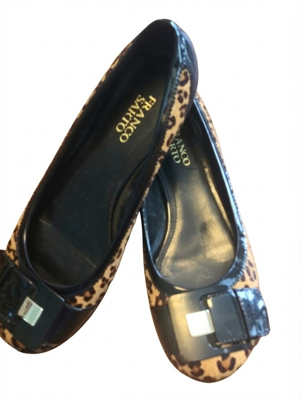 Franco Sarto Gorgeous Sophisticated Flat Leopard Loafers Black Trim Gold Buckle
